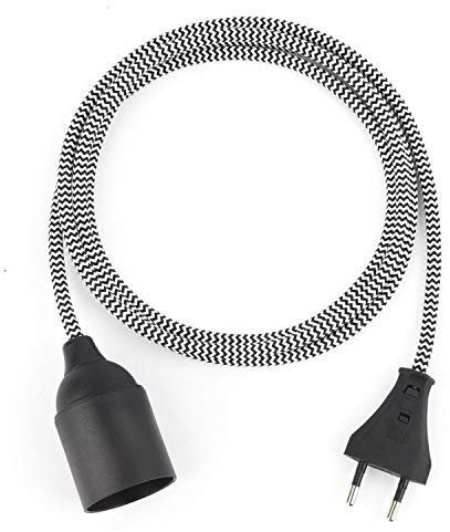 5m Plug-In Lampe SCHWARZ-WEISS, Textilkabel mit Lampenfassung aus Thermoplast (GLATTMANTEL) mit Eurostecker