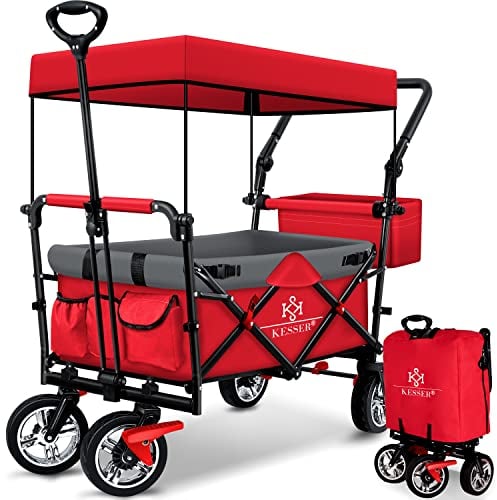KESSER® Bollerwagen faltbar GT9000 Handwagen mit Dach | Transportwagen max. belastbar bis 150kg mit Hartgummi-Räder & Feststellbremsen (Vorne & Hinten) | Inkl. Schloss, Abdeckung, Wetter & Sichtschutz