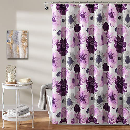 Lush Decor Leah Floral Shower Curtain, 72 W x 72 L, Gray/Purple - Fabric Shower Curtains - Watercolor Botanical Bathroom Curtain - Farmhouse & French Country Decor