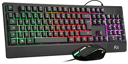 Rii Gaming RK400+ (italienisches Layout) - Set aus Tastatur und Maus, LED-Hintergrundbeleuchtung 7 Farben (Regenbogen), Anti-Ghosting, Empfindlichkeit einstellbar bis zu 3.200 dpi