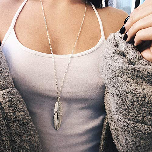 TseenYi Boho Lange Feder-Halskette Silber Feder Anhänger Kette Lange Tropfen Halskette Vintage Schmuck für Frauen und Mädchen