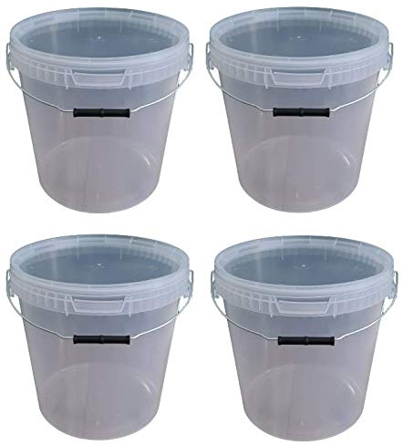 4 cubos de 20 litros con tapa transparentes, apilables, para leche, miel, de plástico, aptos para alimentos, para harina, agua, 4 unidades