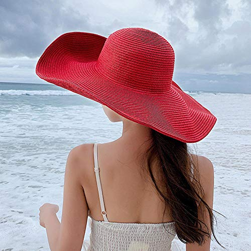 Sonnenhut Strohhut Hut Damen Strandmützen Mit Breiter Krempe Für Frauen Großer Strohhut Faltbarer Sonnenschutzhut-Rot_56-58Cm