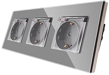 CNBINGO Toma triple 16 Amp con vidrio duro Gris, protección infantil, material resistente al fuego, versión impermeable, enchufe Schuko según el estándar de la UE