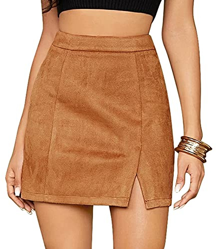FEOYA Women's High Waist Bodycon Skirt - Leopard Print Split Mini A Line Short Faux Suede Skinny Skirt - Khaki S