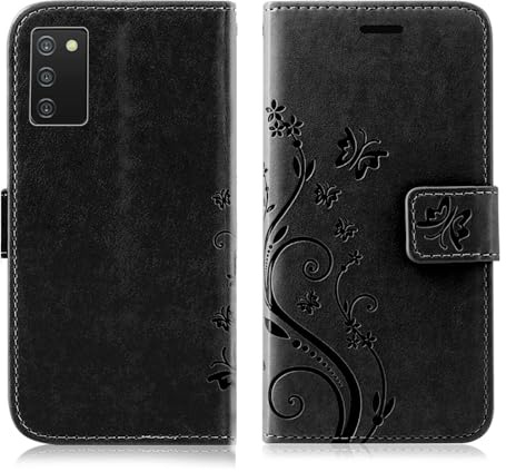 Hülle Kompatibel mit Samsung Galaxy A03s | Premium PU Leder Handyhülle Wallet Case für Galaxy A03s | Schutzhülle Blumen Klapphülle Handyhülle | Schwarz
