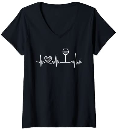 Damen Wein Herzschlag Frequenz Weintrinker EKG T-Shirt mit V-Ausschnitt