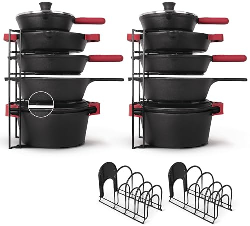 Pan Organizer - 2-PACK of Silicone-Coated Non-Slip 15 Heavy Duty Skillet Rack - Kitchen Counter/Cabinet Organization Storage - Holder for Cookie Sheet, Cutting Board, Cast Iron Cookware, Dish Stand