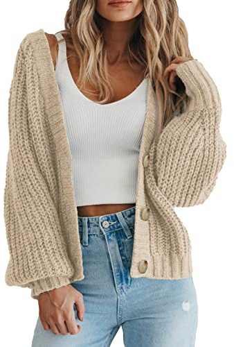 PRETTYGARDEN Women's Long Sleeve Plain Button Down Sweater Classic V-Neck Knit Cardigan Open Loose Outwear Coats (Apricot,Small)