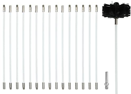 Kaminbürste Stange Set, Ofenrohrbürste Reinigungsset enthält 15 flexible Stangen, 1 Bürstenkopf und 1 Sechskantstange für Akku Bohrmaschine
