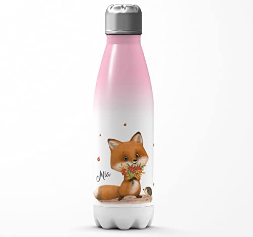 Mikalino Kinder Edelstahl Trinkflasche Niedlicher Fuchs personalisiert mit Wunschname Einschulung Geschenk Geschenkideen Thermosflasche Mädchen Junge, Farbe:rosaweiss, Grösse:500ml