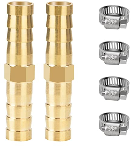 nutmanel Messing Schlauchverbinder 8mm 2 Stück mit 4 Stück Edelstahl-Rohrschellen für Wasser/Kraftstoff/Luft
