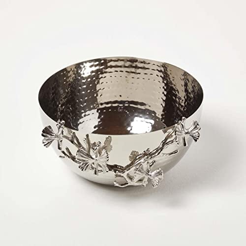 Homescapes Floral dekorierte Silberschale gehämmert 25 cm groß, Dekoschale mit Orchideen-Applikation, Metallschale Deko silber