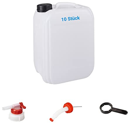 DIN51 Lot de 10 bidons empilables 10 l avec robinet d'écoulement, bec verseur et clé, pour eau, sans BPA, naturel