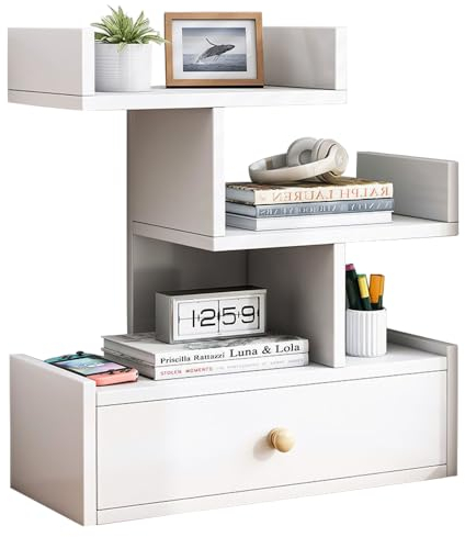 NUODWELL Wood Desk Storage Shelf Bookcase, 3 Tier Desk Storage Organizer, Display Shelf Rack for Books/CDs/Movies/Utility Organizer Shelves for Office Living Room, Bedroom (White)