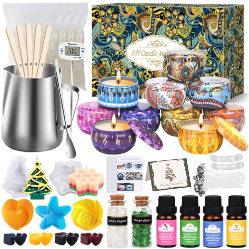 IGUGI Kit per Fabbricazione Candele DIY,Kit per Candele,Kit Candele Fai da Te con Manuale,10 Candele Barattoli,4 confezioni cera d'api,Melting Pot,100 Stoppini,Stampo in Silicone ect