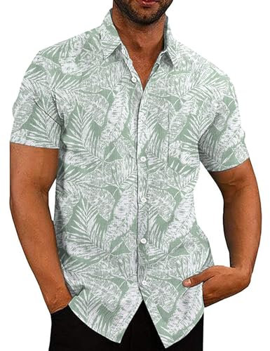 COOFANDY Mens Shirts Short Sleeve Hawaiian Shirt Casual Linen Shirt Summer Shirt Vacation Shirts Loose Fit Holiday Shirt Green Leaves XL