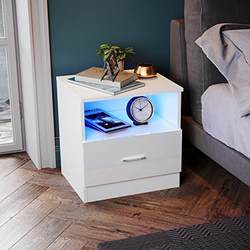 SONNI Nachttisch mit LED-Beleuchtung, 45x35x46.5cm, Nachttische mit Schubladen, Offenem Fach, Einstellbare Farben, Beistelltisch, Nightstand, Sofatisch, Nachtschrank für Schlafzimmer, Wohnzimmer, Weiß