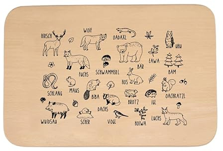 WOIDKINDⓒ Brotzeitbrett mit bayerischen Waldtier Motiven, Fuchs, Bär, Buchenholz, Einbrand, Icons, Frühstück, Geschenk, Geburtstag, Dialekt