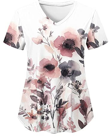 Generic Damen Kasacks Pflege Schlupfkasack Kurzarm Kasack Berufskleidung T Shirt V Ausschnitt mit Taschen Elegant Blumen Drucken Krankenpflege Altenpflege Medizinische Pflegekasack Schlupf-Kasack