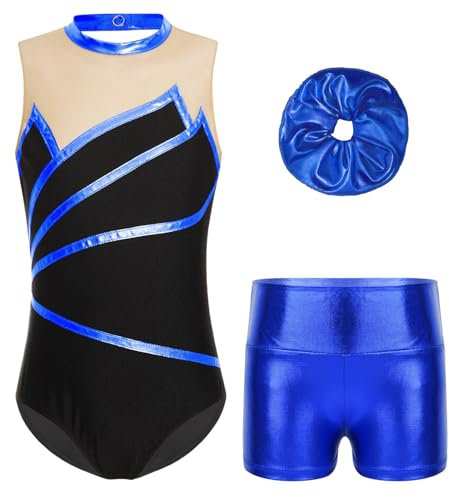 Kvysinly Glänzend Turnanzug Mädchen Gymnastikanzug Set Slim Fit Turnbody mit Haarband und Hose Ballettkleidung Tanz Training Outfit W Königsblau 146-152
