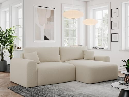 MKS MEBLE Sofa L-Form, Ecksofa mit Schlaffunktion, Wohnlandschaft L-Form mit Kissen, Couch L-Form - Nelson - Beige Boucle