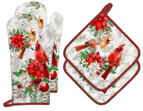 Arquiel Weihnachten Ofenhandschuh und Topflappen 4er Set, 100% Baumwolle Kochhandschuhe Weihnachtsroter Vogel, Hitzebeständiger Küchenhandschuh Zum Kochen Backen Grillen Geschenk