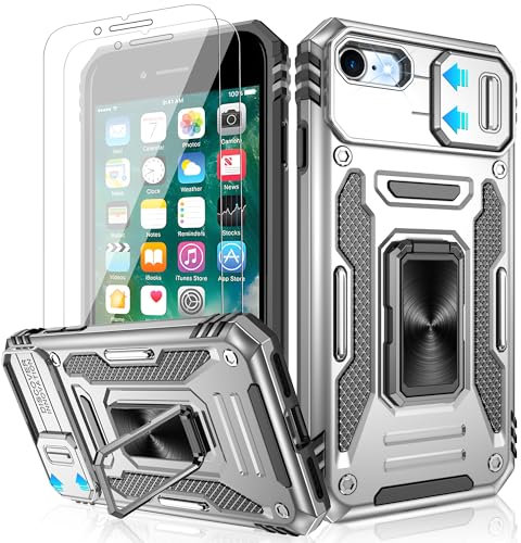 Jshru for iPhone SE 2022 & 2020 Case with Screen Protector,iPhone 7/8 case,[Built-in Camera Cover],Ring Kickstand Phone Cover for iPhone SE 4.7'',Grey