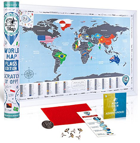 DMap factory™ Carte du monde à gratter avec drapeaux - 68 x 48 cm - Drapeaux des pays, capitales, accessoires et tube cadeau - Carte de voyage