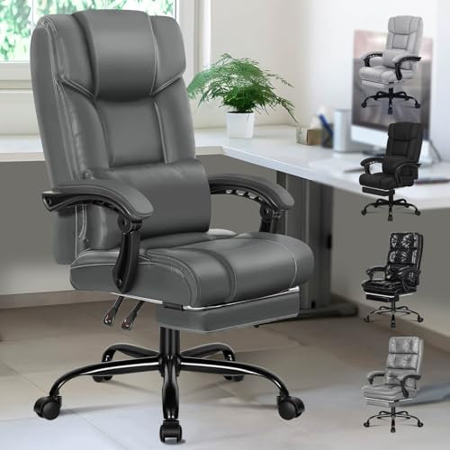 ELFORDSON Office Chair with Lumbar Cushion, Ergonomic Gaming Chairs with Footrest, High Back Heavy-duty Chair, 150° Backrest Recliner, Adjustable Height, Swivel, PU Leather, Grey