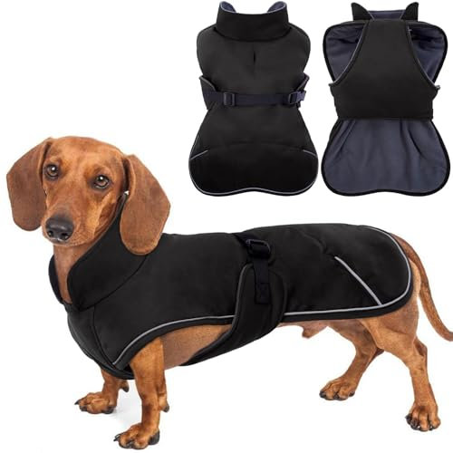 Hjyokuso Hundemantel Dackel, Winddichter Wasserdichter Wintermantel Für Dackel Hunde, Hundejacke Für Kleine Hunde S, Hundemantel Winter Mit Bauchschutz Und Leinenloch, Winterjacken Für Hunde-Schwarz