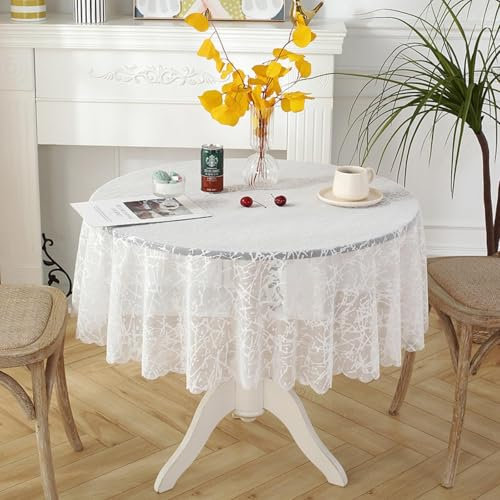champracer Tischdecke, Spitzentischdecke Abwaschbar Spitze Rund Tischtuch Boho Vintage Weißer Blumenmuster Table Cloth für Garten Balkon Zuhause Hochzeit Festival Dekoration (C,Rund 100cm)