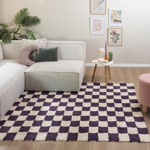 FRAAI | Home & Living Retro Teppich - Gambit Violett Weiß - Blöcke - Wohnzimmer, Kinderzimmer, Schlafzimmer - Fellteppich - Carpet
