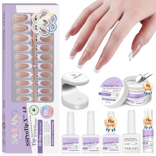 SAVILAND Press On Nails For Women: Gel Nail Kit Soft Gel Long Square Press Ons Nude Fake Nails 16 Sizes Long Lasting with Solid Nail Glue and Remover Bond Primer Builder Gels U V Lamp Tool