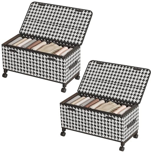 ACESOME Lot de 2 boîtes de rangement sous le lit avec couvercle à roulettes, 56,9 x 29 x 30 cm, cadre en métal, conteneurs sous le lit pour vêtements, chaussures, jouets, couvertures (carreaux)