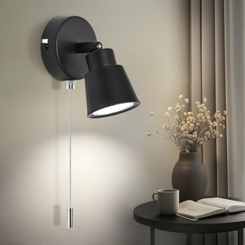 TaFiCo Schwarz Wandlampe mit Zugschalter GU10 - Retro Wandlampe Innen mit Schalter 350° Drehbar - 50 W Wandleuchte mit Schalter für Schlafzimmer Wohnzimmer Küche Korridor - Ohne Leuchtmittel