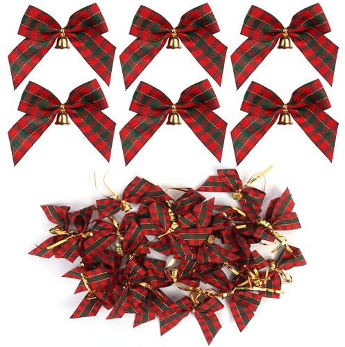 Christmas Bow with Bells, 24pcs Christmas Tree Bows Bells Hanging Ornaments for Xmas Tree Wreaths Hanging Decorations New Year Party Decorations
