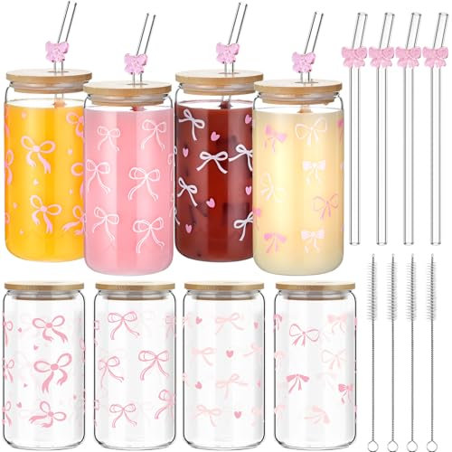 Yetene Set di 4 tazze di vetro con coperchi e cannucce per donne Coquette Estetica Tazza da caffè 473,6 ml rosa ghiaccio caffè smoothie tazza riutilizzabile in vetro per soda cocktail whisky caffè tè