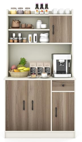 COSTWAY 180CM Küchenschrank mit Arbeitsplatte, Buffetschrank mit 4 verstellbaren Regalen & Kabelöffnungen, Hochschrank Küche, Aufbewahrungsschrank für Küche Esszimmer Wohnzimmer (Weiß)