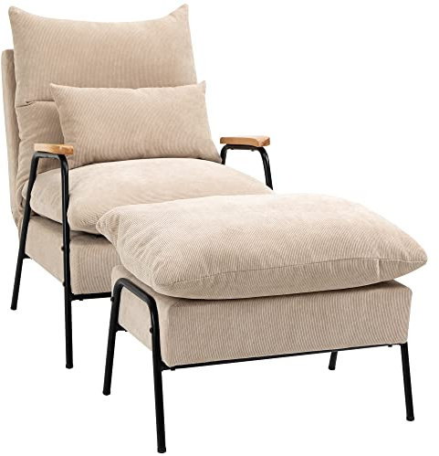 HOMCOM Fauteuil de Relaxation avec Repose Pied Style néo-rétro - Dossier inclinable - Structure Acier Noir accoudoirs Bois hévéa revêtement Velours côtelé Beige