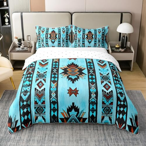 Loussiesd Blau Südwesten 100% Baumwolle Bettwäsche Set 135x200cm Geometrisch Bettwäsche Dekor Tribal Exotic Style Native American Indian Design Bettbezug Set Streifen Linie Bettwäsche-Set
