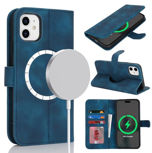 Zouzt Case for iPhone 11 (6.1), [Compatible with MagSafe] Magnetic PU Leather Wallet Case with Card Holders and Kickstand, Wireless Charging Flip Folio Phone Cover - Vintage Blue