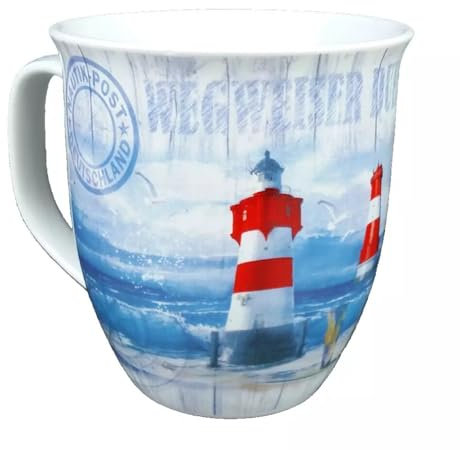 Maritimer Becher - Wegweiser durch die Gezeiten - Tasse Porzellan Inhalt 400ml Kaffeebecher Leuchtturm Roter Sand Meer Nordsee