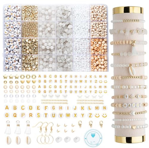 Natürliche Amazonit perlen für armbänder Edelstein Perlen Perlen Set Zum Auffädeln Kit Perlenset Beads für DIY armbänder selber machen Schmuck Halskette Ohrringe Kette für Kinder Erwachsene (White 1)