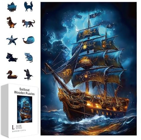 GLOBLELAND 300Pcs Fantasy Pirate Ship Wooden Jigsaw Puzzles for Adult Colorful Ocean Sailboat Wood Jigsaw Puzzles for Christmas Halloween Birthday