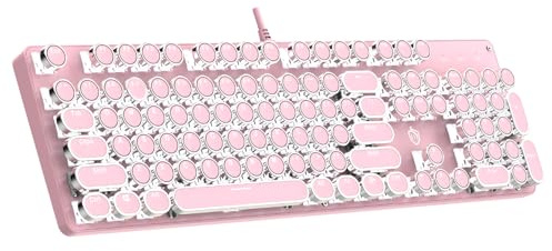 Clavier de jeu mécanique pour machine à écrire avec lumières blanches rétroéclairées et commutateurs rouges, 104 touches, rétro rond, style machine à écrire filaire confortable Soud (LED rose)