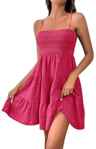Robe de Plage Femme Bretelles Fines,2025 Robe Femme Ete Fluide Pas Cher Robes Court Baggy Decontractée Dos Nu Plissee sans Manches Légère Basic Rose Vif, L