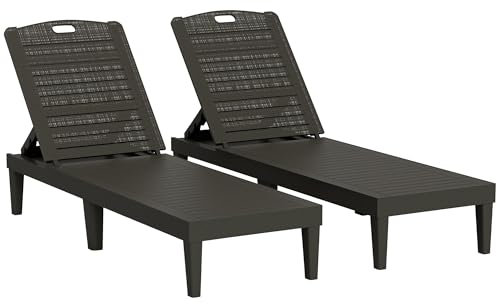 Outsunny Set di 2 Lettini Prendisole da Giardino con Schienale Regolabile su 4 Livelli, Sdraio da Giardino Impermeabile con Effetto Rattan a Doghe in PP, per Spiaggia, Piscina, 56x187x28cm, Nero