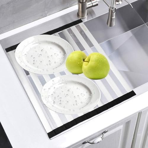 Escurreplatos plegable, 42 x 32,5 cm, escurridor de fregadero, escurridor de fregadero, rejilla de secado, de acero inoxidable, silicona, resistente a la corrosión y al desgaste
