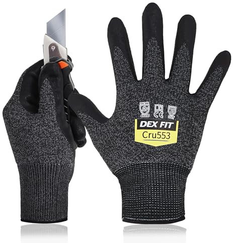 DEX FIT Cut Resistant Gloves Cru553 - Level 5 Protection, 3D Comfort Fit, Durable Grip, Thin & Breathable, Touchscreen, Washable, Delicate Handling & Cutting; Black Grey L 1 Pair